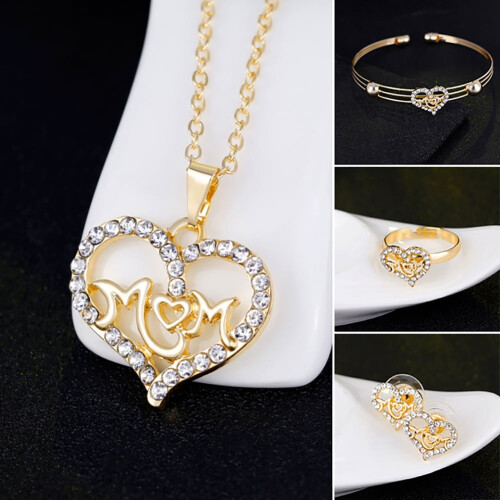 Γυναικείο σετ κοσμημάτων KC με επιχρυσωμένο κολιέ Mom Hollow Heart, σκουλαρίκια και