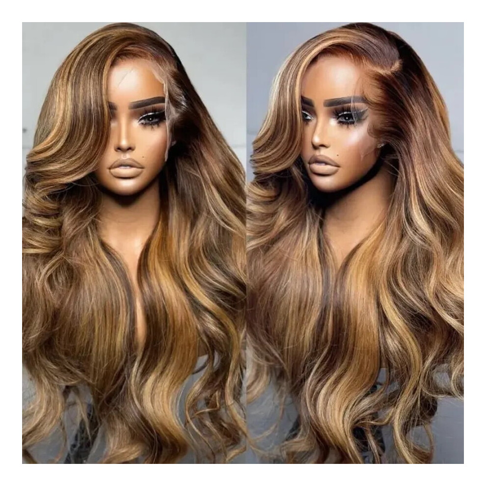 Unisex Honey Blonde 20" Body Wave Lace Front Wig, 13X4 Glueless, Pre-Plucked, Natural Hairline, 180% Density, 4/27 Highlight, Human Hair