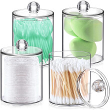 Set di 4 dispenser porta cotton fioc - Set di piccoli barattoli in plastica trasparente per organizzare il bagno e il beauty case.