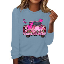 Top azul ligero de manga larga para mujer, top corto de poliéster con cuello redondo y estampado gráfico, talla XXL.