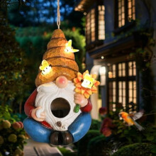 Hangend vogelhuisje op zonne-energie in de vorm van een bijenkabouter voor buiten – Geschikt voor kardinalen en blauwborsten, decoratief