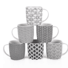 Set of 6 11.5 oz Coffee Mugs with Blue and White Geometric Patterns, Ceramic Tea Cup Set