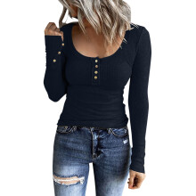 Camisetas Henley de manga larga para mujer, tops ajustados con botones, camisetas de punto acanalado con cuello redondo, camisetas ajustadas para