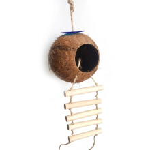 Vogelhuisje van kokosnootschaal, natuurlijk hout, voor parkieten en kleine huisdieren, met laddertje, 12 x 12 x 22 cm