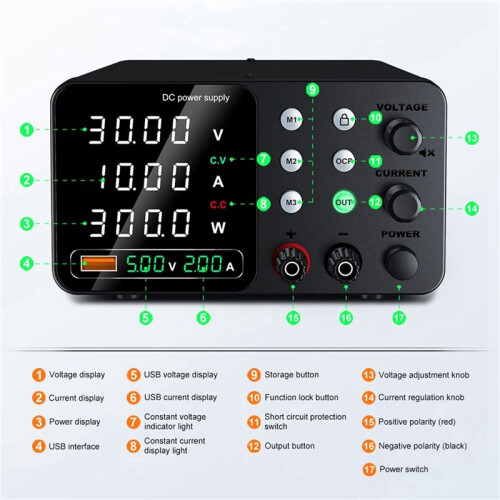 30V10A Lab Power Supply with Triple Storage Switching Power Supply 5V2A  Regulated PowerSupply for TypeC Interface(US) 2