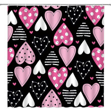 Valentinstag-Duschvorhang 91 x 178 cm – Rosa, Weiß & Schwarz, Herzdesign, romantischer Boho-Duschvorhang aus geometrischem Stoff mit Haken,