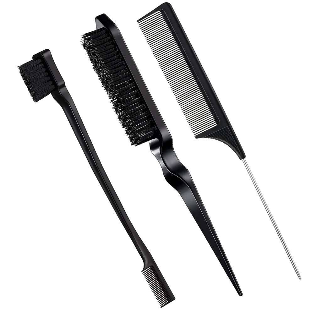Unisex Black 3 Pcs Slick Back Hair Brush Set Bristle Brush Edge Control Teasing Comb For Women Hair(Black)
