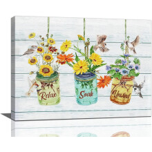 Rustic Floral Bathroom Wall Art Canvas Prints, 16"x12", Botanical Flower Decor for Living Room & Bedroom – Compatible with Modern Home