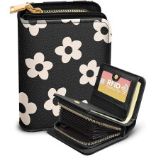 Schattige leren creditcardhouder/portemonnee voor dames – RFID-beveiligd, ritssluiting rondom, zwarte bloemenprint, esthetisch accordeonontwerp
