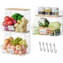 3-Pack Hanging Fruit Basket for Kitchen, Wood Lid, Onion/Potato Storage, Wall/Counter Mount, Stackable, Metal Wire, White, Compatible with Standard