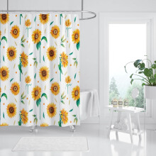 Perdea de duș galbenă cu model floarea-soarelui și cârlige, 183x183 cm, set de perdele de baie impermeabile cu motive florale – Compatibilă cu
