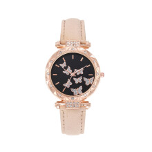 Relógio de pulso feminino elegante e simples em couro com borboleta e strass flutuantes, movimento analógico de quartzo, bege.