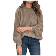 Damen-Pullover aus khakifarbenem Rippstrick, langärmeliges Oversize-Top mit Rundhalsausschnitt – passend zur Herbst-/Wintermode