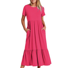 Robes d'été pour femmes 2024 - Robe d'été décontractée à manches courtes et col rond - Robe de plage maxi fluide à volants avec poches - Rose