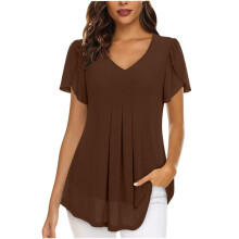 VERUGU Blusas de mujer con estampado de pétalos, manga corta, cuello en V, plisadas, de doble capa, de malla, informales y cómodas, ideales para