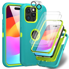 Xhy iPhone 15 Plus hoesje met scherm- en lensbeschermer, militaire kwaliteit 3-in-1 schokbestendige bescherming, groen+geel