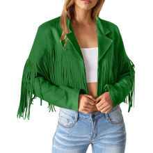 Damen-Fransenjacke aus Wildleder, modische Quasten-Motorradjacke, kurze Herbstjacke für Damen, 2024, Grün, XL