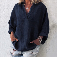 QLEICOM Women's Plus Size Summer Kaftan Tops, Cotton-Linen O-Neck Long Sleeve Loose Pullover Blouse, Navy4XL