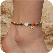 Dainty Boho Beaded Ankle Bracelets for Women – Waterproof, Adjustable, Handmade Initial & Heart Anklets, Colorful Summer Foot Chain Gift