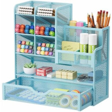 Organizador de mesa em tela metálica com 6 compartimentos inclináveis.