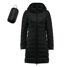 Damelang puffy kåpe med hette Plus Size pakkbar lang dunfrakk Langermet full lengde vattert glidelås vinter dunjakker svart, XXXXL
