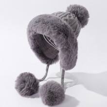 Fleece Beanies Hatte til Kvinder med Øreflapper Remme Pom-Pom Trendy Ensfarvet Grov Strikket Termisk Varm Sherpa Hue Vinterhue