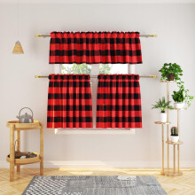 3 Pc Red & Black Buffalo Check Farmhouse Kitchen Curtain Set | 54" x 18" / 27" x 36" | Striking Country Charm