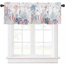 Nyári óceáni teknős korall tengerifű témájú fehér konyhai/nappali karnis, 137 cm x 45 cm, botzsebbel – kompatibilis a standard botokkal