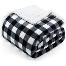 Sherpa Fleece Flannel Throw Blanket – Soft, Warm Buffalo Plaid Plush Blanket for Couch, Sofa, Bed (Black, 50"x60")