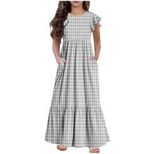 Mikilon Mädchen Maxikleid, lang-/kurzärmelig, lässiges Urlaubskleid mit Taschen für 5-13 Jahre