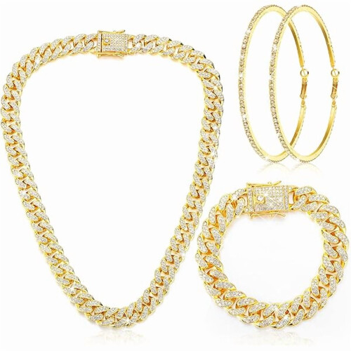 Conjunto de colar e pulseira de elos dourados com strass.
