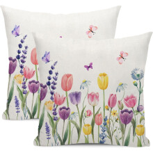 Capas de Almofada com Estampa de Flores da Primavera, 50x50cm, Conjunto com 2, Tulipas Lavanda em Linho – Decoração para Casa de Campo, Área