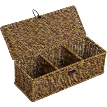 Waterproof Wicker Storage Basket with Lid, Rectangular Tank Woven Baskets with Sections, Decorative Box for Snack Toys Bathroom (Brown)