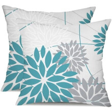 Blaue und graue Kissenbezüge mit Blumenmuster, 40 x 40 cm, 2er-Set, wasserdicht für den Außenbereich, Polyester, für Sofa/Terrasse/Garten –
