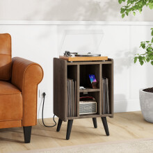 Support pour platine vinyle avec station de charge et ports USB, table de chevet, meuble de rangement, étagère pour disques vinyle, chêne gris