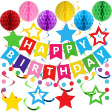 Decoraciones para fiesta de cumpleaños con temática de arcoíris: pancarta, bola de panal, espirales, guirnalda, banderines triangulares – Apto