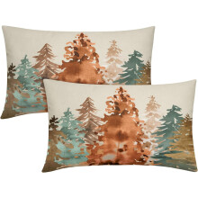 Rustikale Herbst-Lendenkissenbezüge 12x20, 2er-Set, Aquarell-Baum-Herbstdesign, Braun/Blau/Orange Waldmuster, Leinenkissenbezüge für