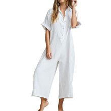 Ediodpoh Dam Sommar Kortärmad Knäppt Fickor Jumpsuits Dam Jumpsuit Vit XL