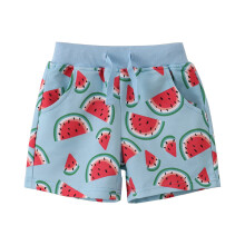 Kids' Sky Blue Watermelon-Printed Stretch Shorts, Elastic Waist & Drawstring, Compatible with Summer Beach Wear, Ages 5-6