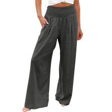 QLEICOM Dames Palazzo Broek met Hoge Taille, Wijde Pijpen, Katoen-Linnen, Donkergrijs, Maat M (US6), met Zakken