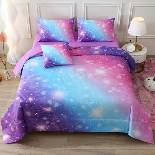 Conjunto de cama de solteiro com glitter roxo (6 peças)