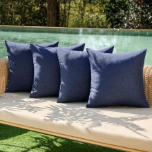 Lot de 4 housses de coussin d'extérieur imperméables en lin bleu marine 40 x 40 cm, style champêtre – Compatibles avec les coussins standards