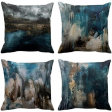 Set van 4 moderne abstracte sierkussenhoezen van 40 x 40 cm – Retro design in teal, turquoise, zwart en bruin, geschikt voor standaard vierkante