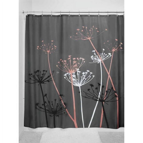 Cortina de chuveiro em poliéster cinza e coral com estampa de cardo, 183 x 183 cm (72 x 72 polegadas).