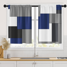 Geometric Dark Blue Kitchen Curtains 26x36 Inch, Set of 2, Modern Short Tier for Sink – Black, Grey, White, Compatible with Standard Windows