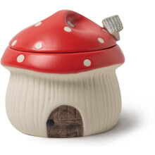 Kerámia cukortartó fedővel és kanállal, aranyos gombaházikó dizájnnal. Porcelán fűszertároló üveg, 333 ml. (Piros)