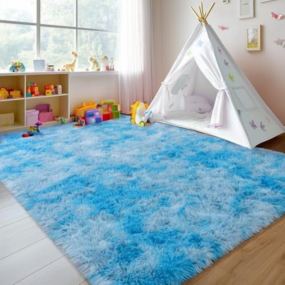 Shag Living Room Rug 5X7, Tie-Dye Light Ultra Soft Luxury Shaggy Rug For Girls/Kids Bedroom, Non-Slip, Modern Fluffy Plush Carpet Blue