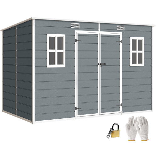 Outsunny Outsunny 10 x 6 ft Plastic Garden Shed with Floor, Lockable Doors, Grey 1