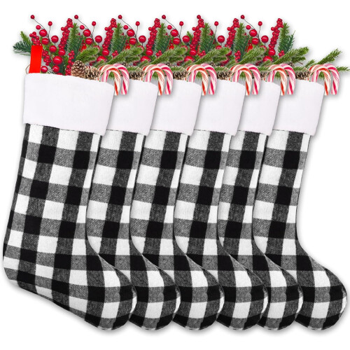 Pacote com 6 meias de Natal de 56 cm (22 polegadas) em xadrez búfalo preto e vermelho