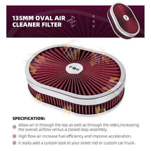 Filtro de Ar Oval para Carro 12x2 Polegadas Filtro de Ar Purificador de Fluxo para Pescoço de Interface de 5-1/8 Polegadas Vermelho 2